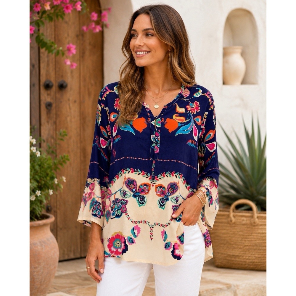 Johnny Was Georgette Tunic Blouse S Miya Mixed Print Boho Rayon Silk Feel